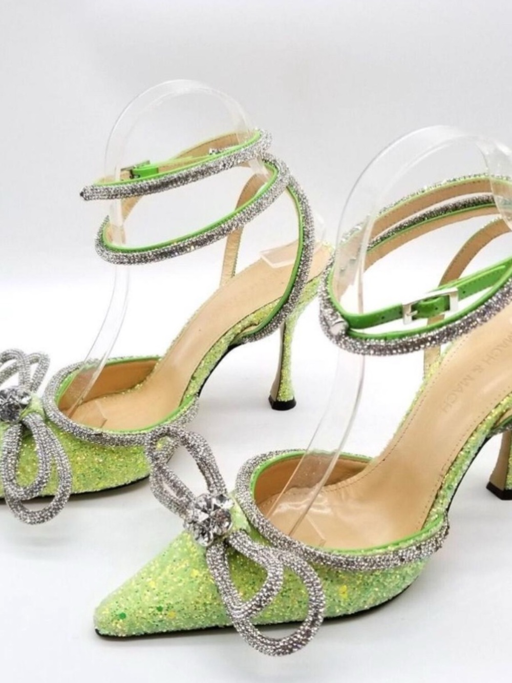 MACH & MACH Lime Green Glitter Pointed-Toe Ankle-Strap Heels with Crystal Bow